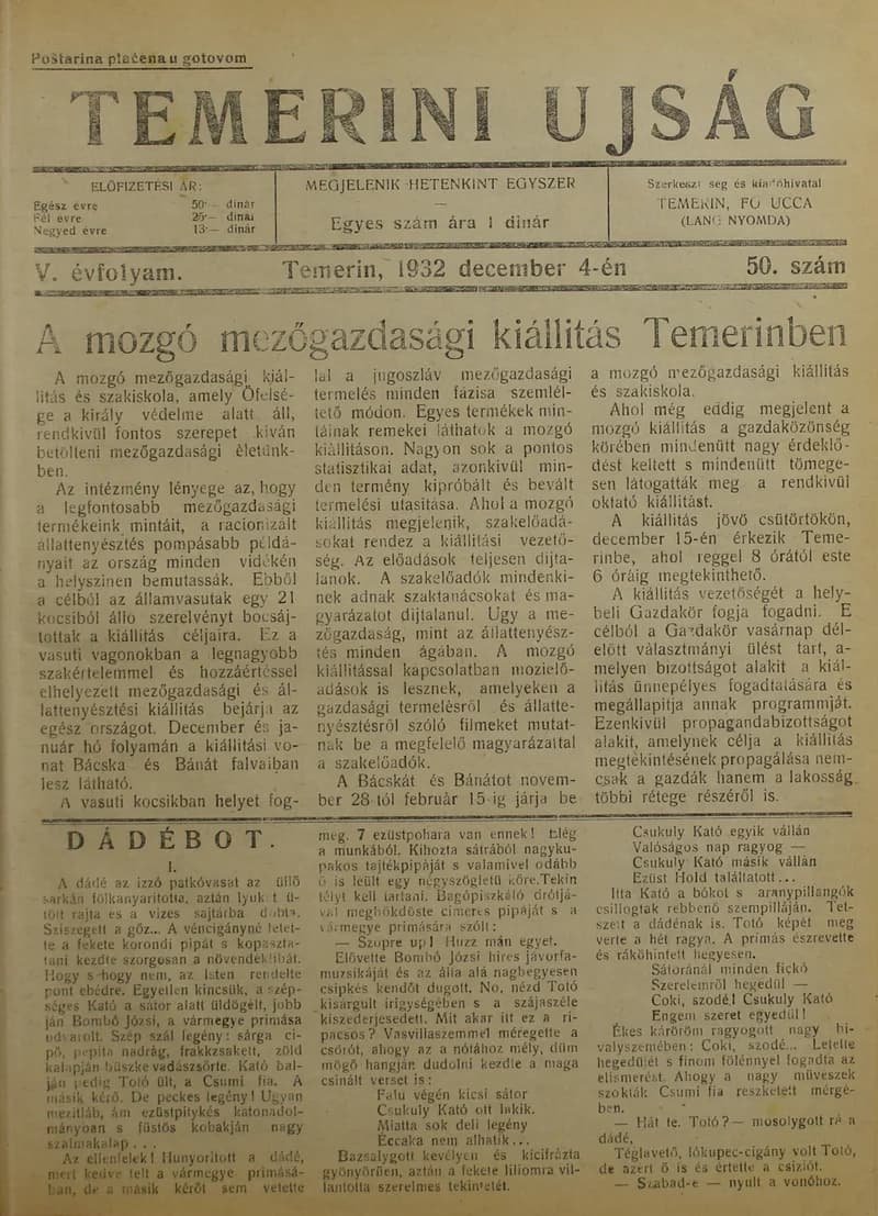Temerini Újság 1928-1944, 5. évf. 1932. december 4. 50. sz.