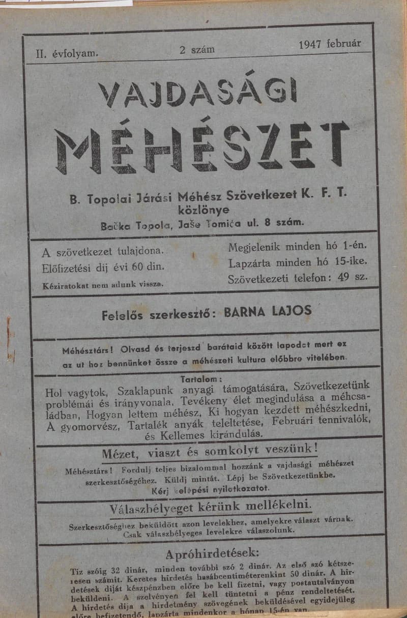 Vajdasági méhészet Bácska Topolya, 2. évf. 1947. február 1. 2. sz.