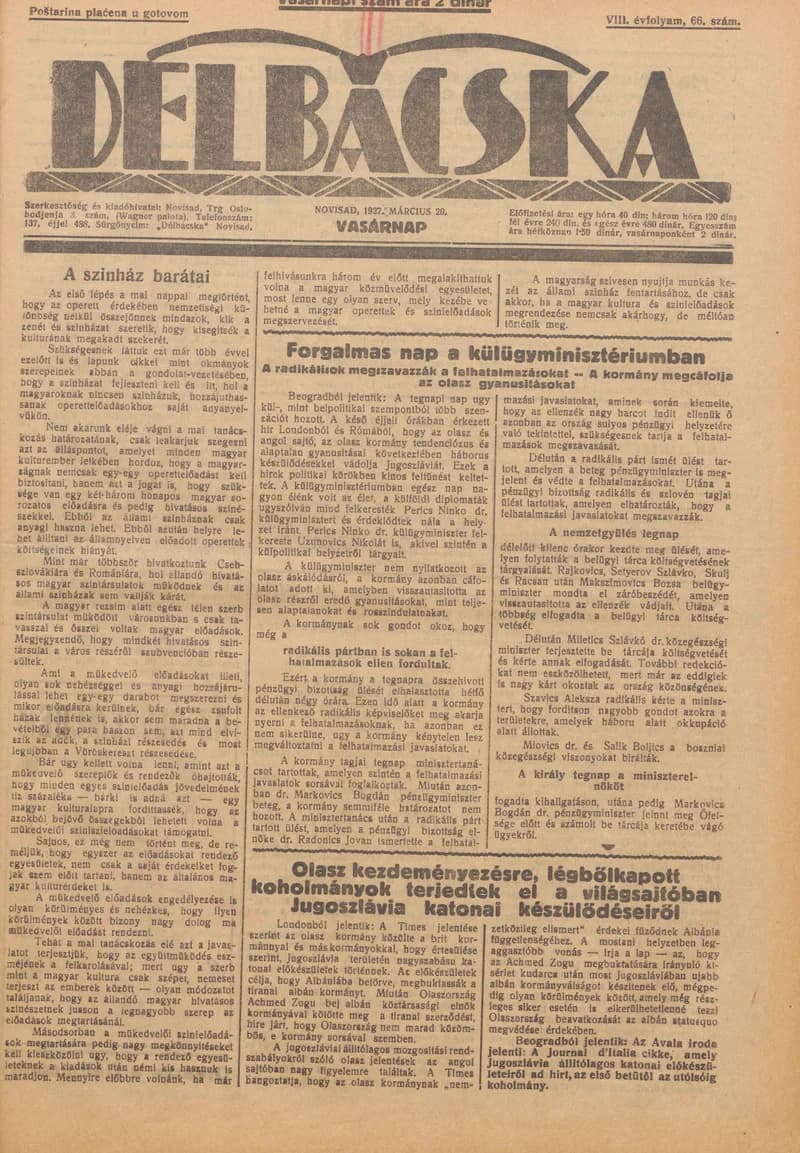 Délbácska, 8. évf. 1927. március 20. 66. sz.
