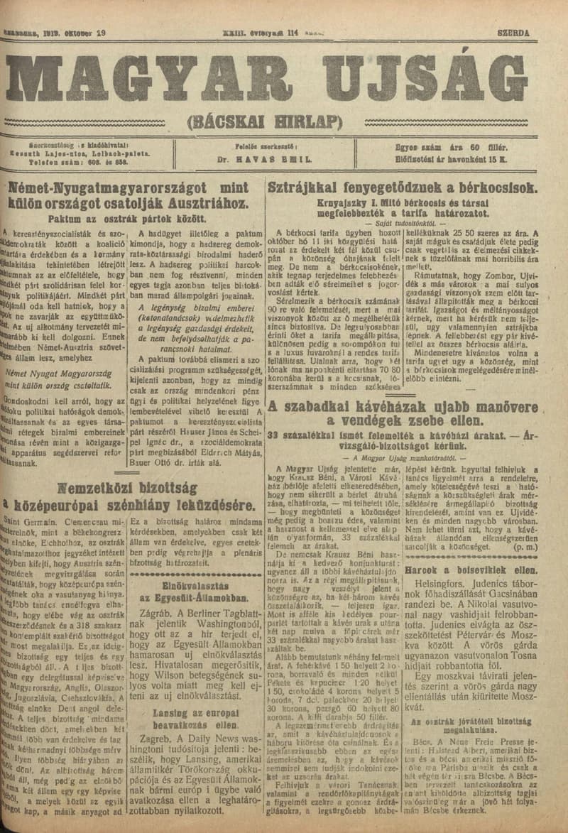 Bácskai Hirlap, 23. évf. 1919. október 29. 114. sz.