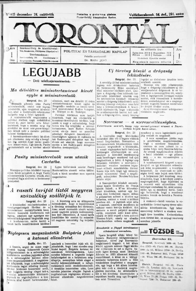 Torontál, 54. évf. 1925. december 24. 291. sz.