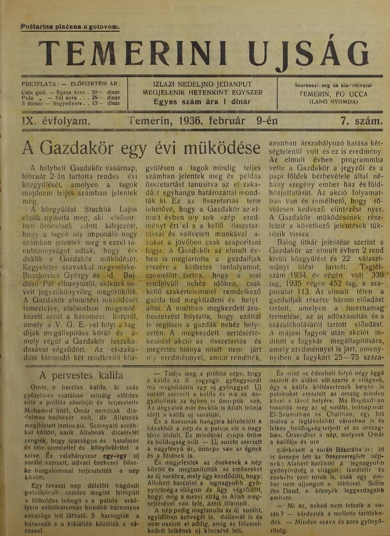 Temerini Újság 1928-1944, 9. évf. 1936. február 9. 7. sz.