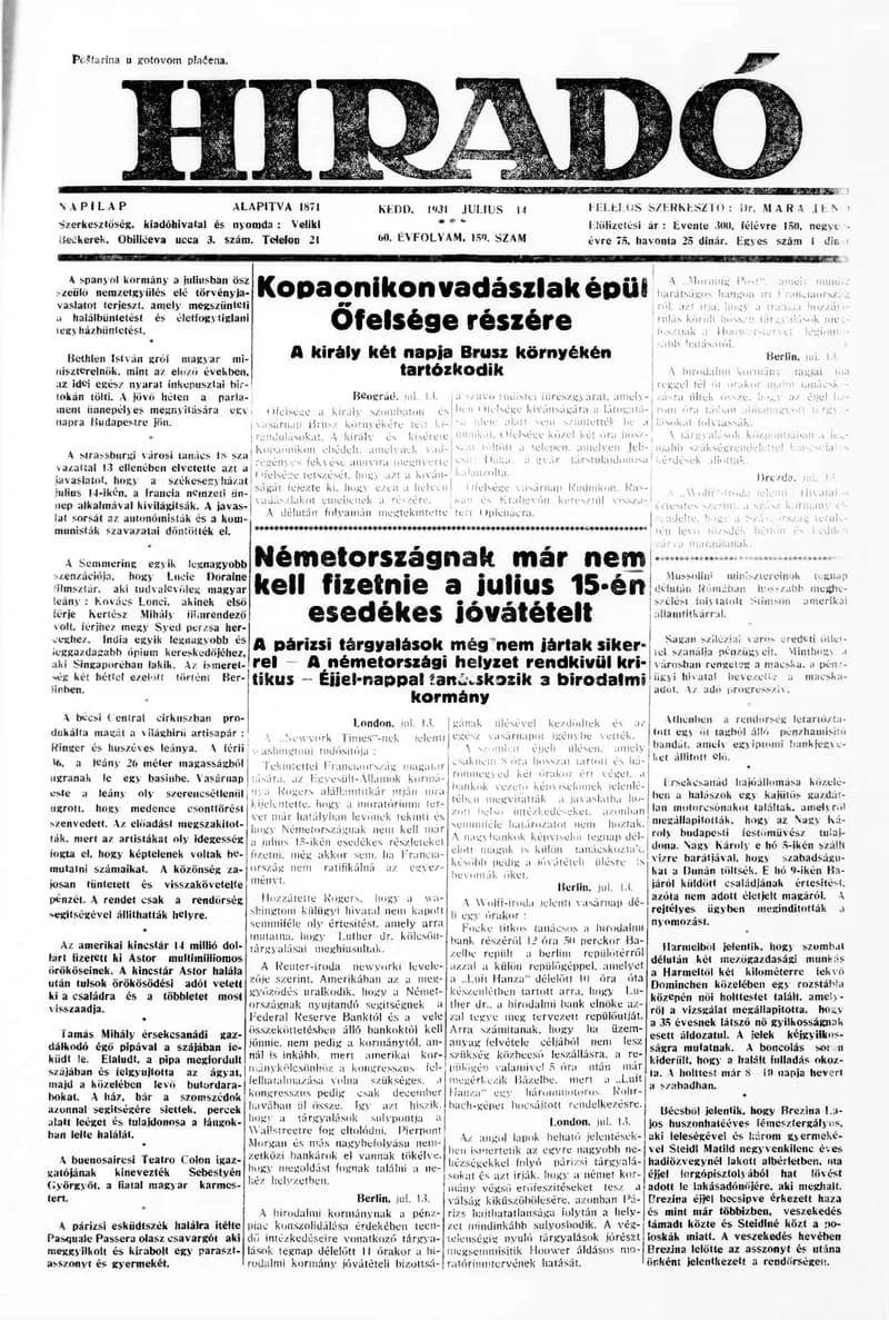 Híradó, 60. évf. 1931. július 14. 159. sz.
