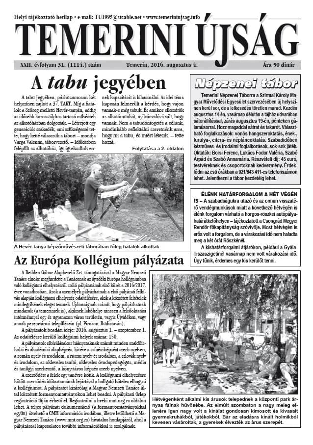 Temerini Újság, 22. évf. 2016. augusztus 4. 31. sz.