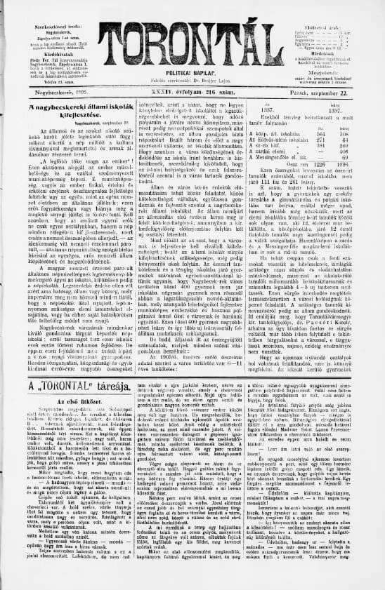 Torontál, 34. évf. 1905. szeptember 22. 216. sz.