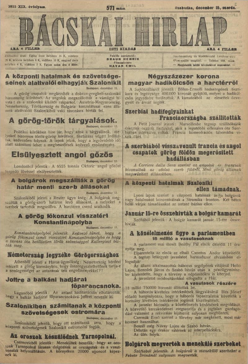 Bácskai Hirlap, 19. évf. 1915. december 15. 571. sz.