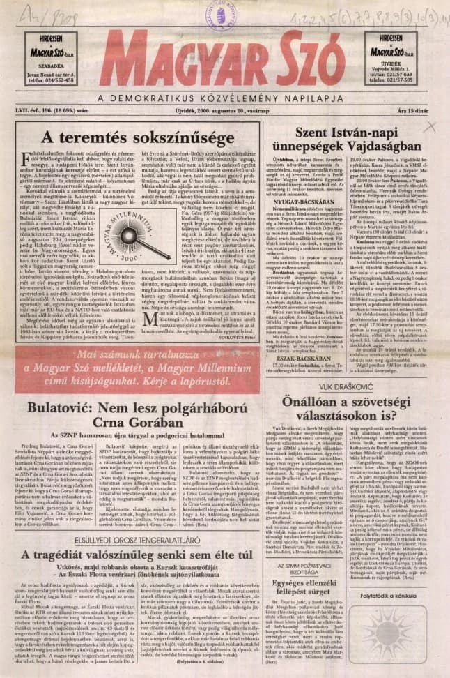 Magyar Szó, 57. évf. 2000. augusztus 20. 196. sz. 1–24. oldal