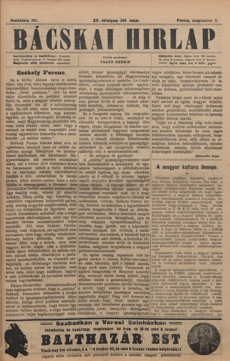 Bácskai Hirlap, 15. évf. 1911. szeptember 8. 206. sz.