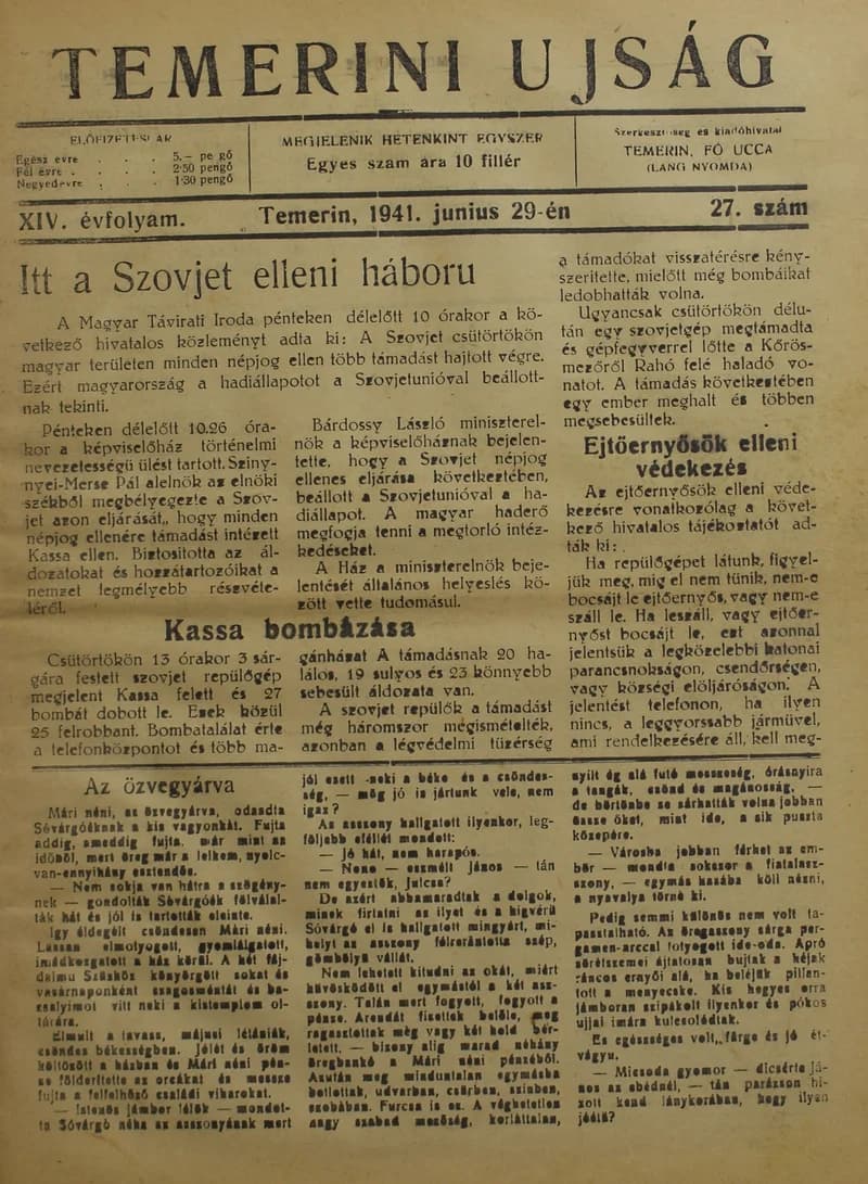 Temerini Újság 1928-1944, 14. évf. 1941. június 29. 27. sz.