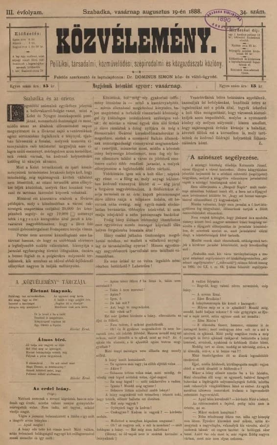 Közvélemény, 3. évf. 1888. augusztus 19. 34. sz.