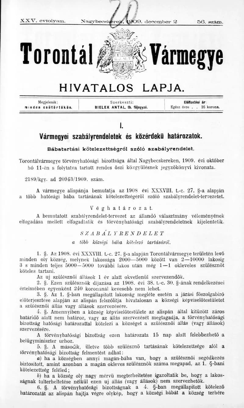 Torontál Vármegye Hivatalos Lapja, 25. évf. 1909. december 2. 56. sz.