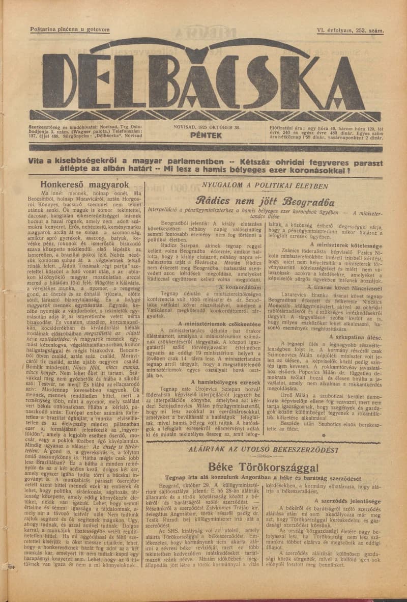 Délbácska, 6. évf. 1925. október 30. 252. sz.