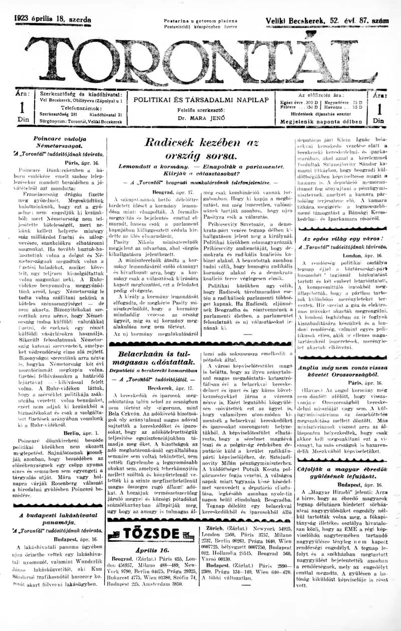 Torontál, 52. évf. 1923. április 18. 87. sz.