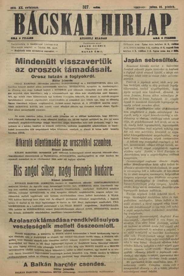 Bácskai Hirlap, 20. évf. 1916. július 14. 317. sz.
