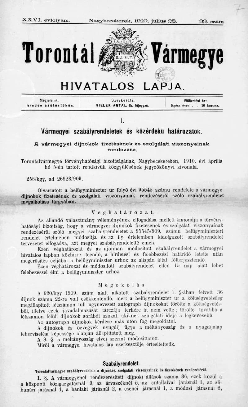 Torontál Vármegye Hivatalos Lapja, 26. évf. 1910. július 28. 33. sz.