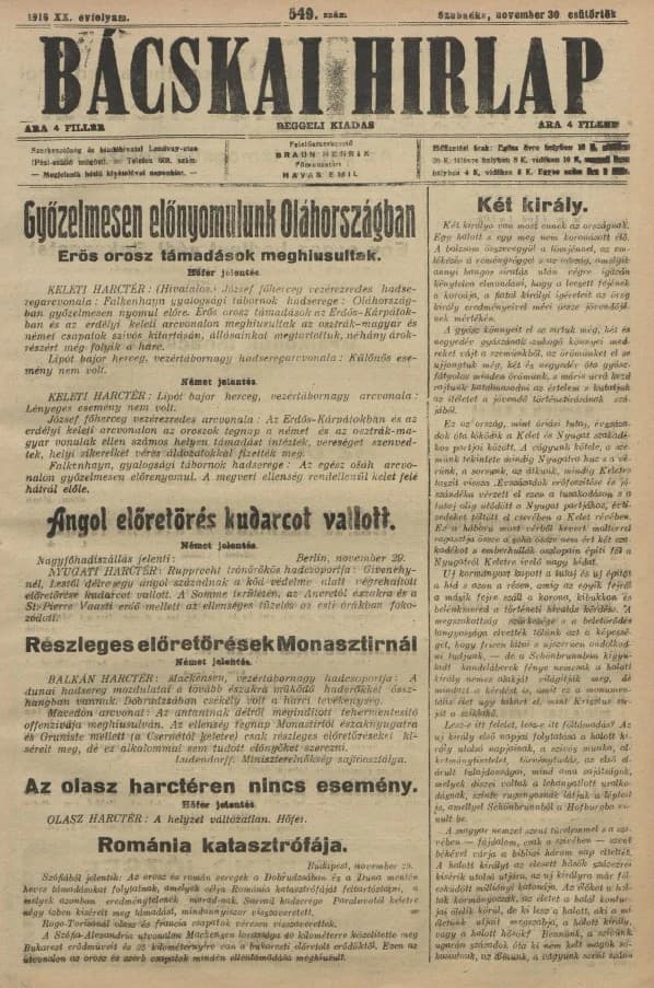Bácskai Hirlap, 20. évf. 1916. november 30. 549. sz.