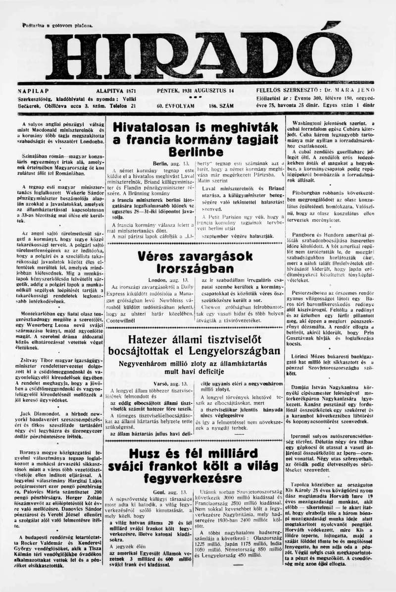 Híradó, 60. évf. 1931. augusztus 14. 186. sz.