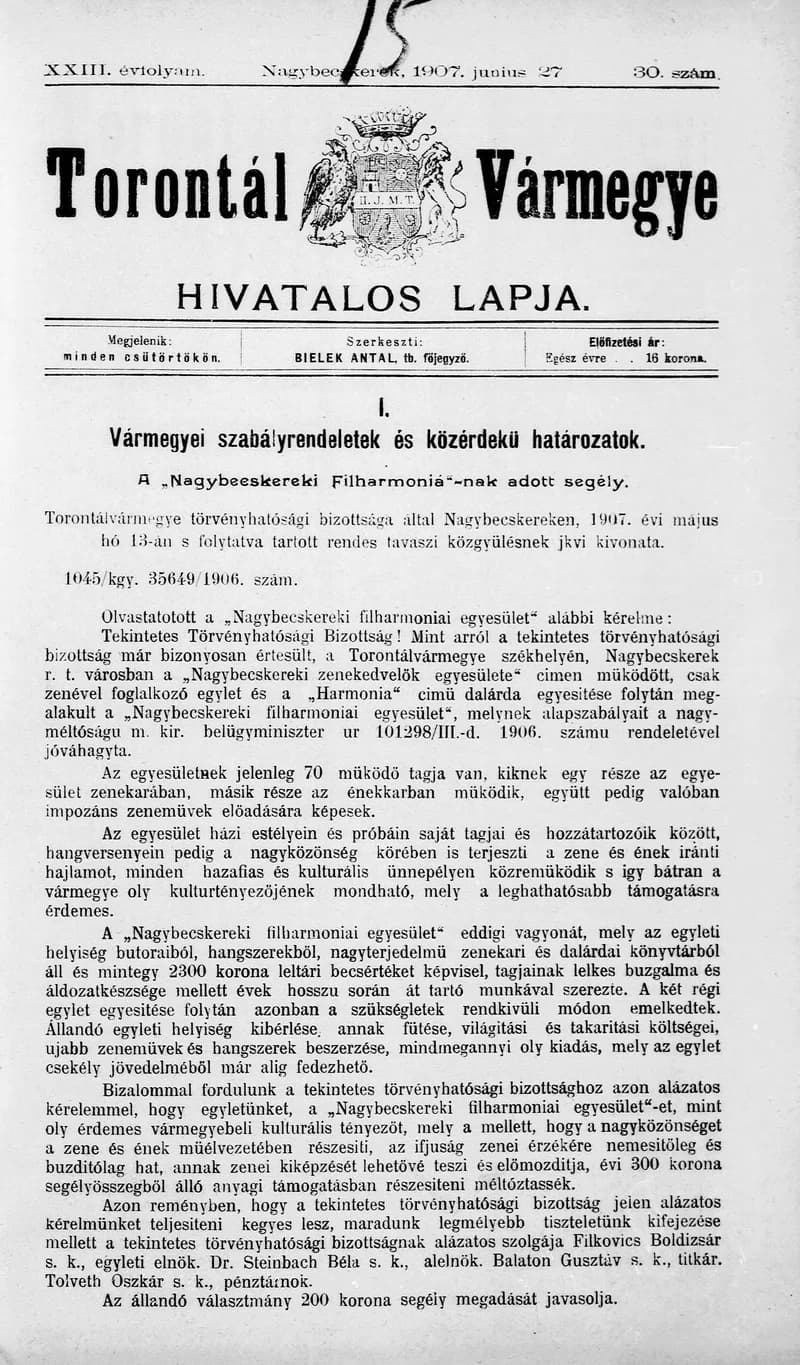 Torontál Vármegye Hivatalos Lapja, 23. évf. 1907. június 27. 30. sz.