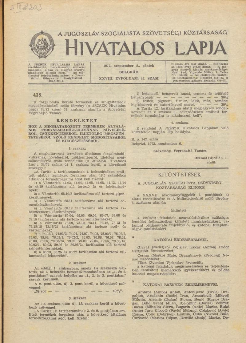 A Jugoszláv Szocialista Szövetségi Köztársaság Hivatalos Lapja, 28. évf. 1972. szeptember 8. 46. sz. 881–884. oldal