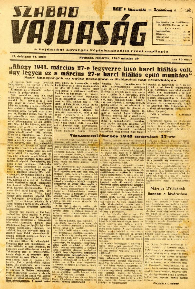 Szabad Vajdaság, 2. évf. 1945. március 29. 71. sz.