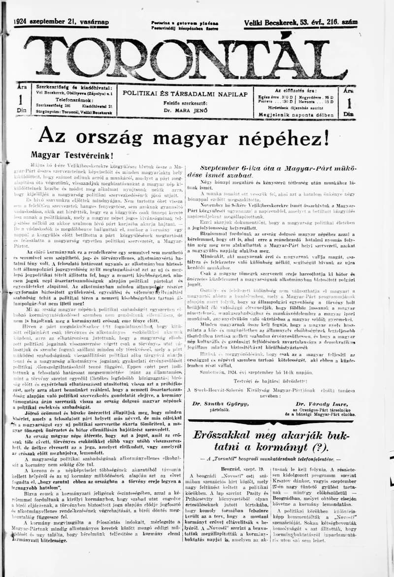 Torontál, 53. évf. 1924. szeptember 21. 216. sz.