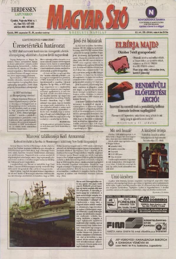 Magyar Szó, 60. évf. 2003. szeptember 27. – 28. 229. sz. 1–36. oldal