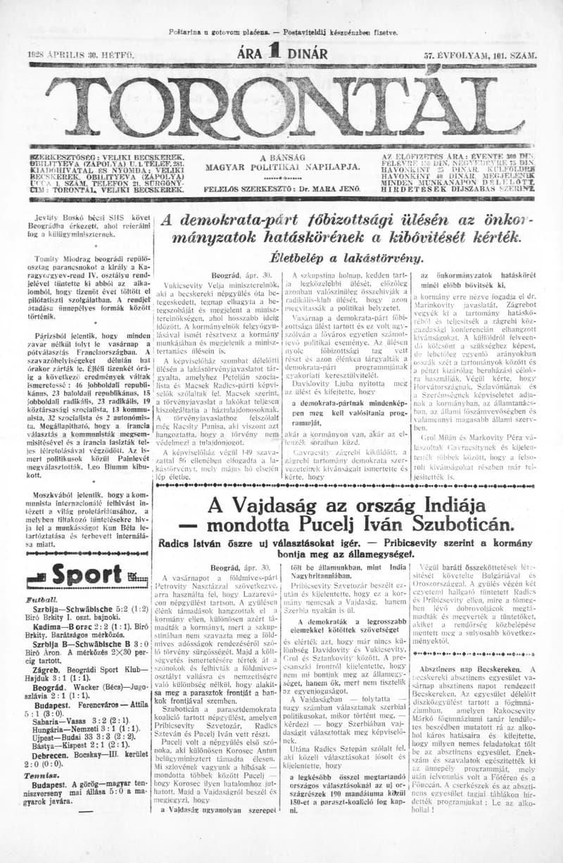 Torontál, 57. évf. 1928. április 30. 101. sz.