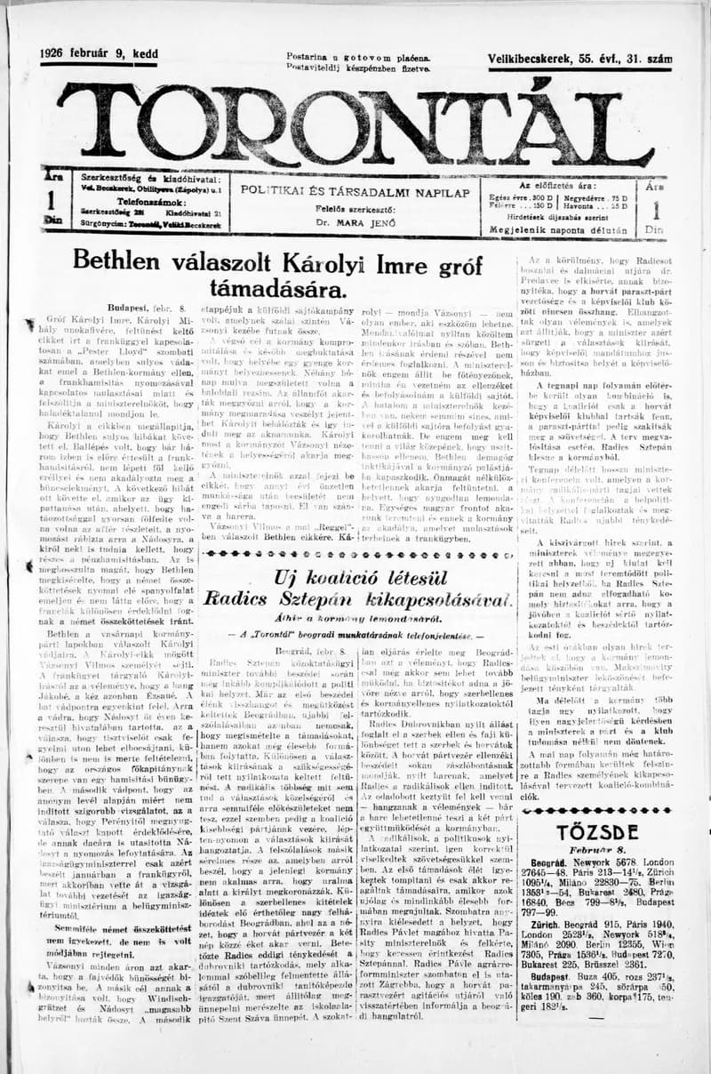 Torontál, 55. évf. 1926. február 9. 31. sz.