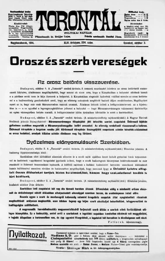 Torontál, 43. évf. 1914. október 3. 224. sz.