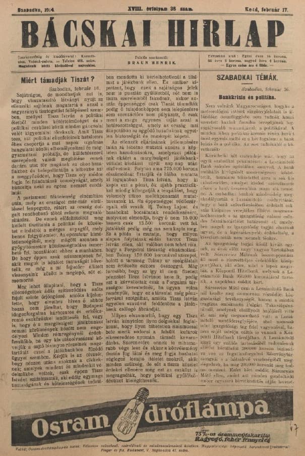 Bácskai Hirlap, 18. évf. 1914. február 17. 38. sz.