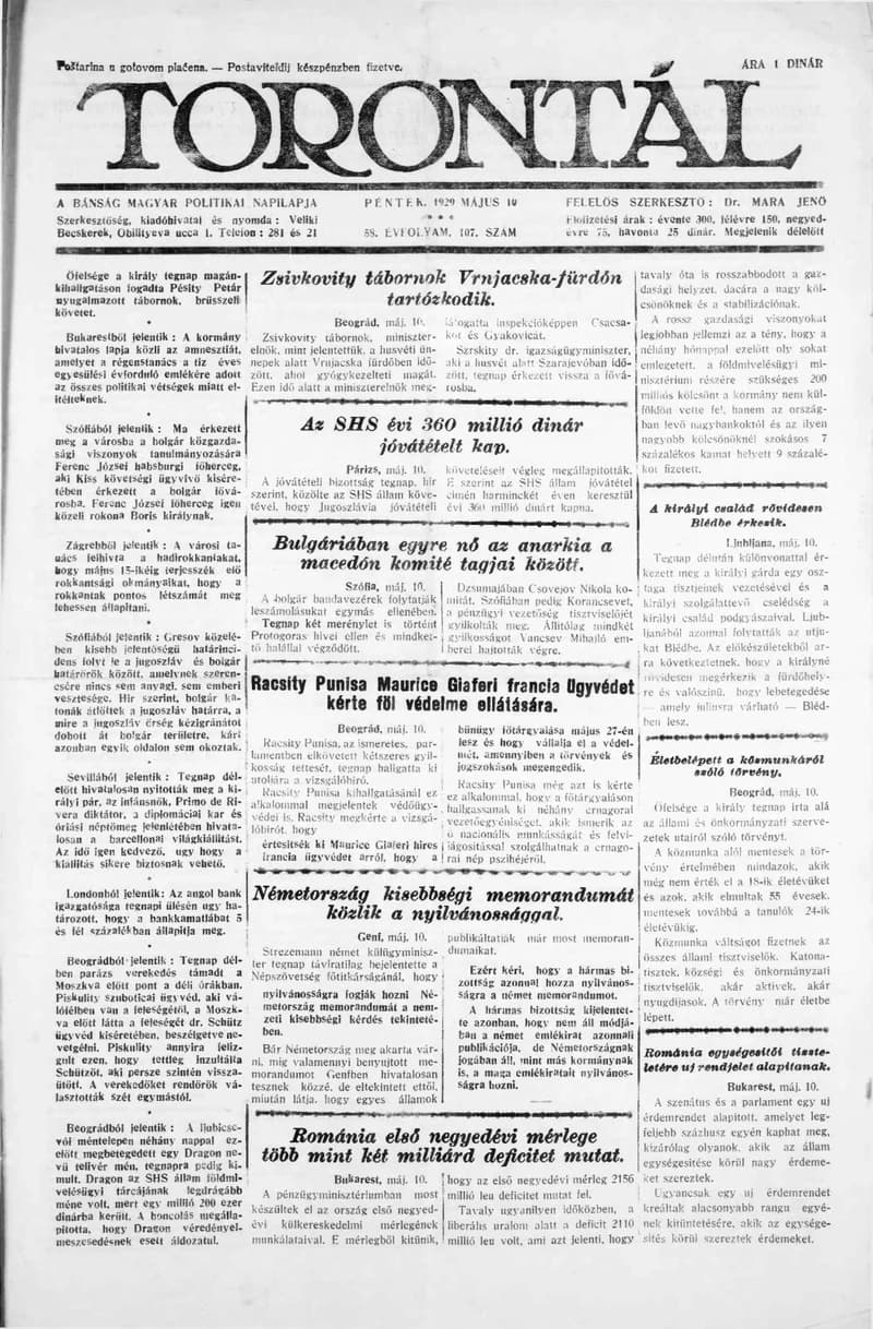 Torontál, 58. évf. 1929. május 10. 107. sz.