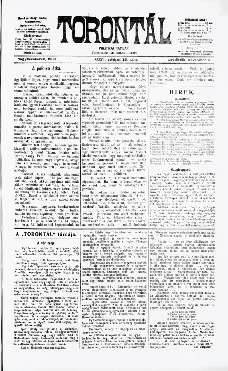 Torontál, 38. évf. 1909. november 4. 251. sz.