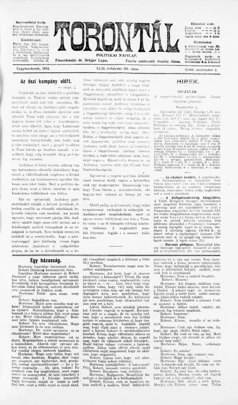 Torontál, 42. évf. 1913. szeptember 2. 201. sz.
