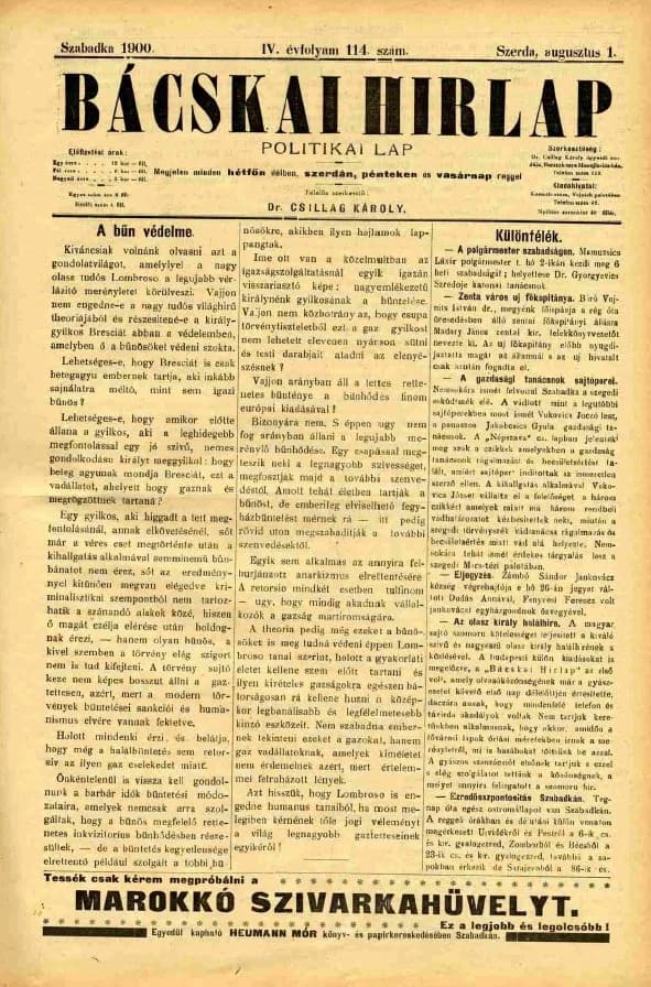 Bácskai Hirlap, 4. évf. 1900. augusztus 1. 114. sz.