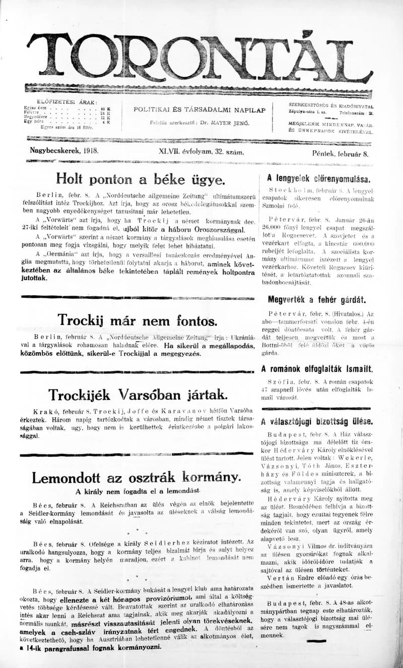 Torontál, 47. évf. 1918. február 8. 32. sz.
