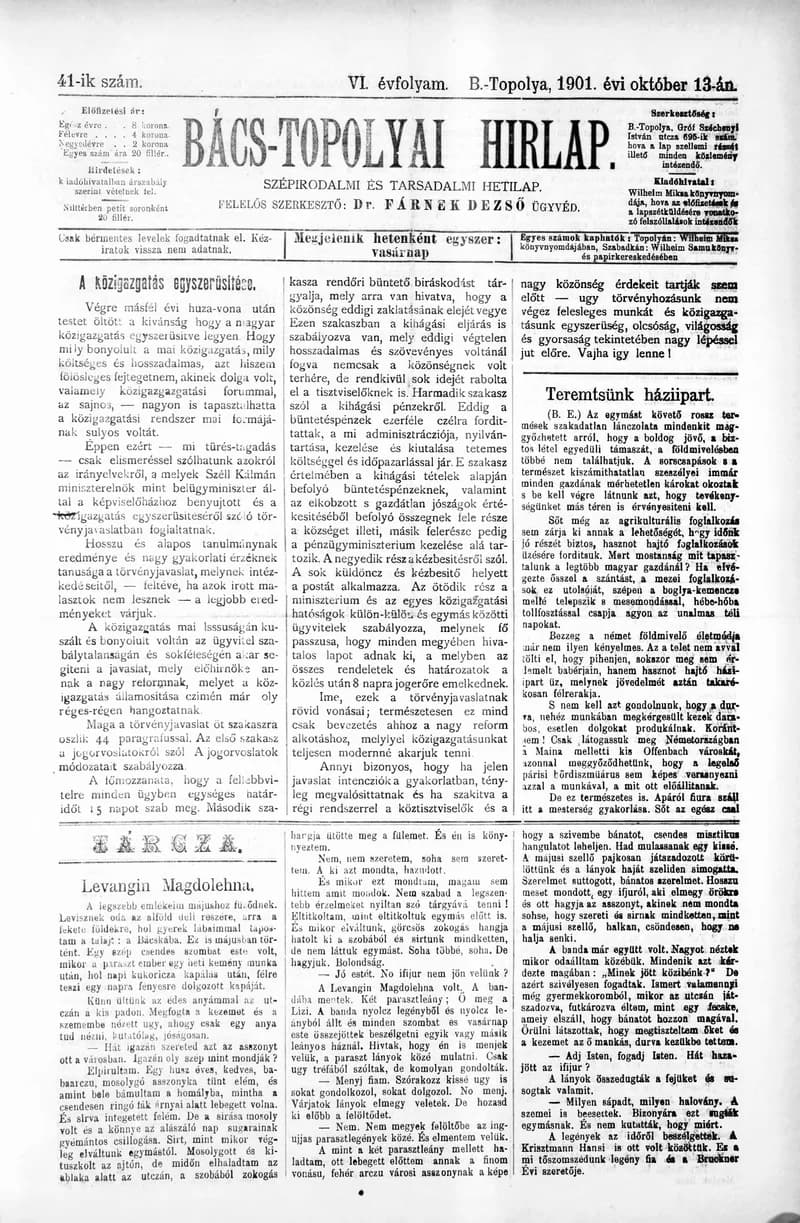 Bács-Topolyai Hirlap, 6. évf. 1901. október 13. 41. sz.