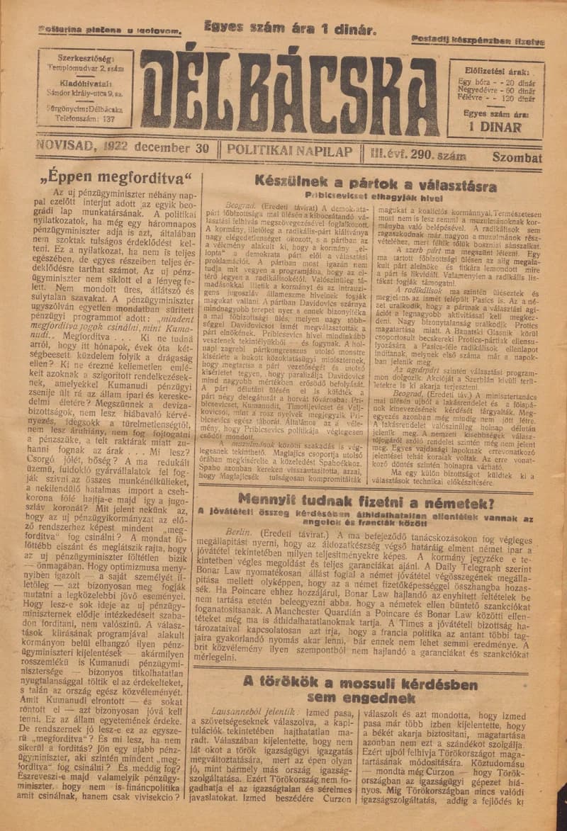 Délbácska, 3. évf. 1922. december 30. 290. sz.