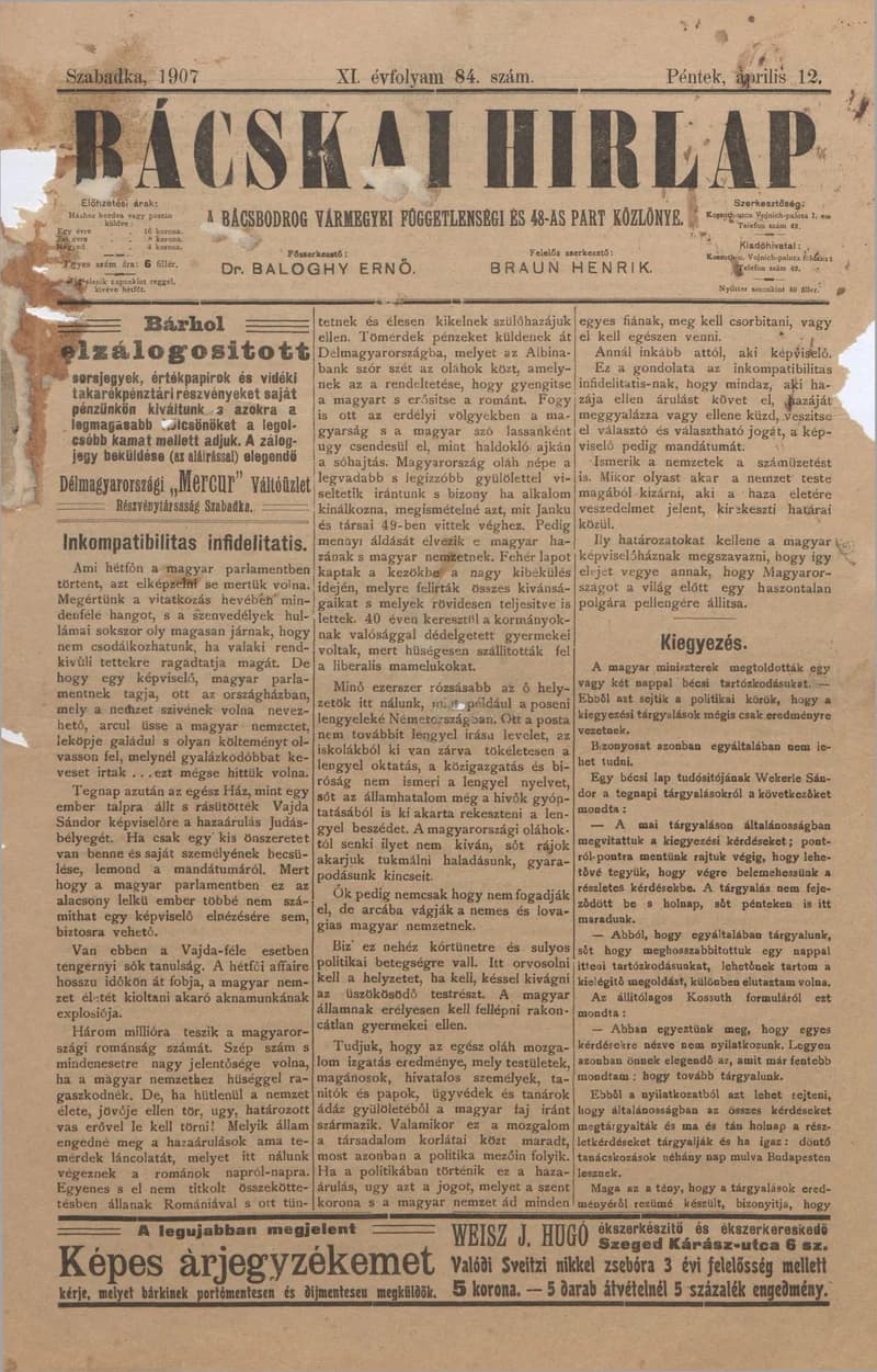 Bácskai Hirlap, 11. évf. 1907. április 12. 84. sz.