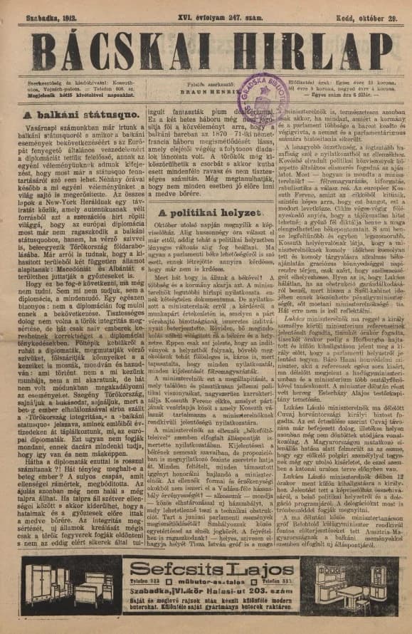 Bácskai Hirlap, 16. évf. 1912. október 29. 247. sz.