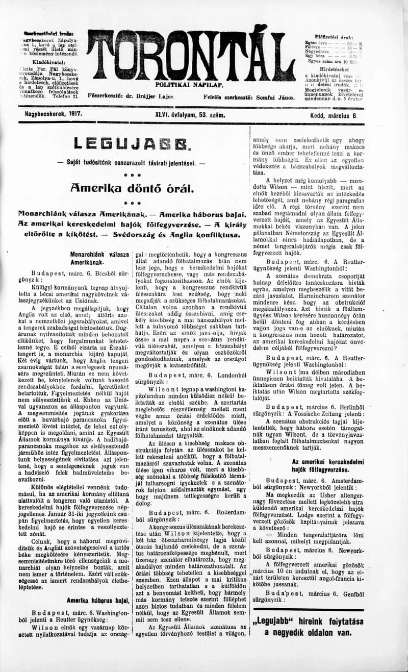 Torontál, 46. évf. 1917. március 6. 53. sz.