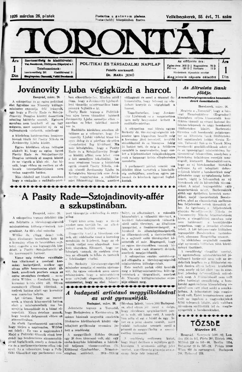 Torontál, 55. évf. 1926. március 26. 71. sz.
