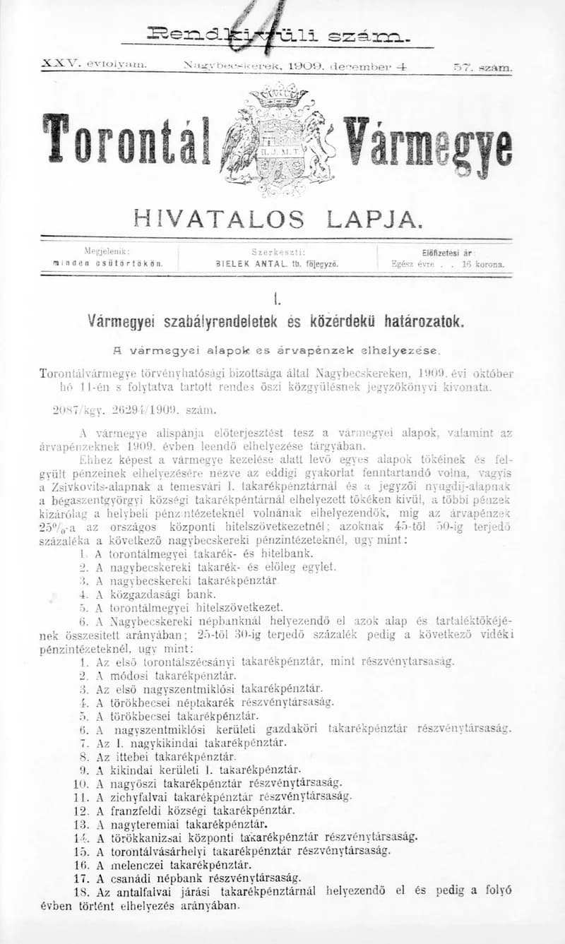 Torontál Vármegye Hivatalos Lapja, 25. évf. 1909. december 4. 57. sz.