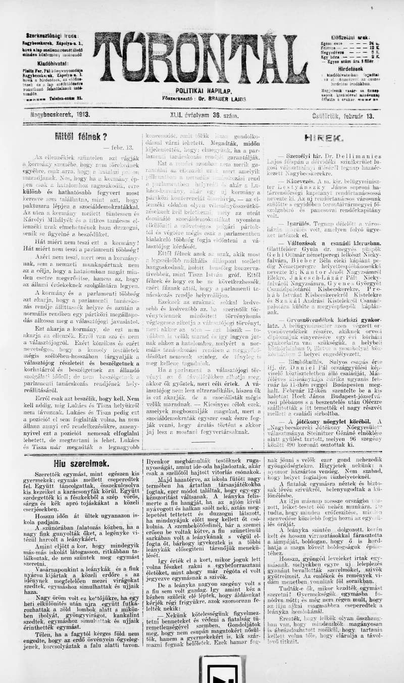 Torontál, 42. évf. 1913. február 13. 36. sz.
