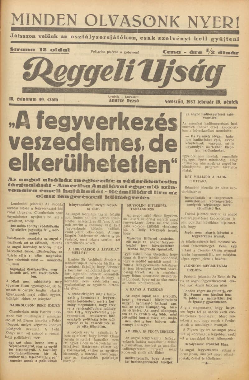 Reggeli Újság, 18. évf. 1937. február 19. 49. sz.