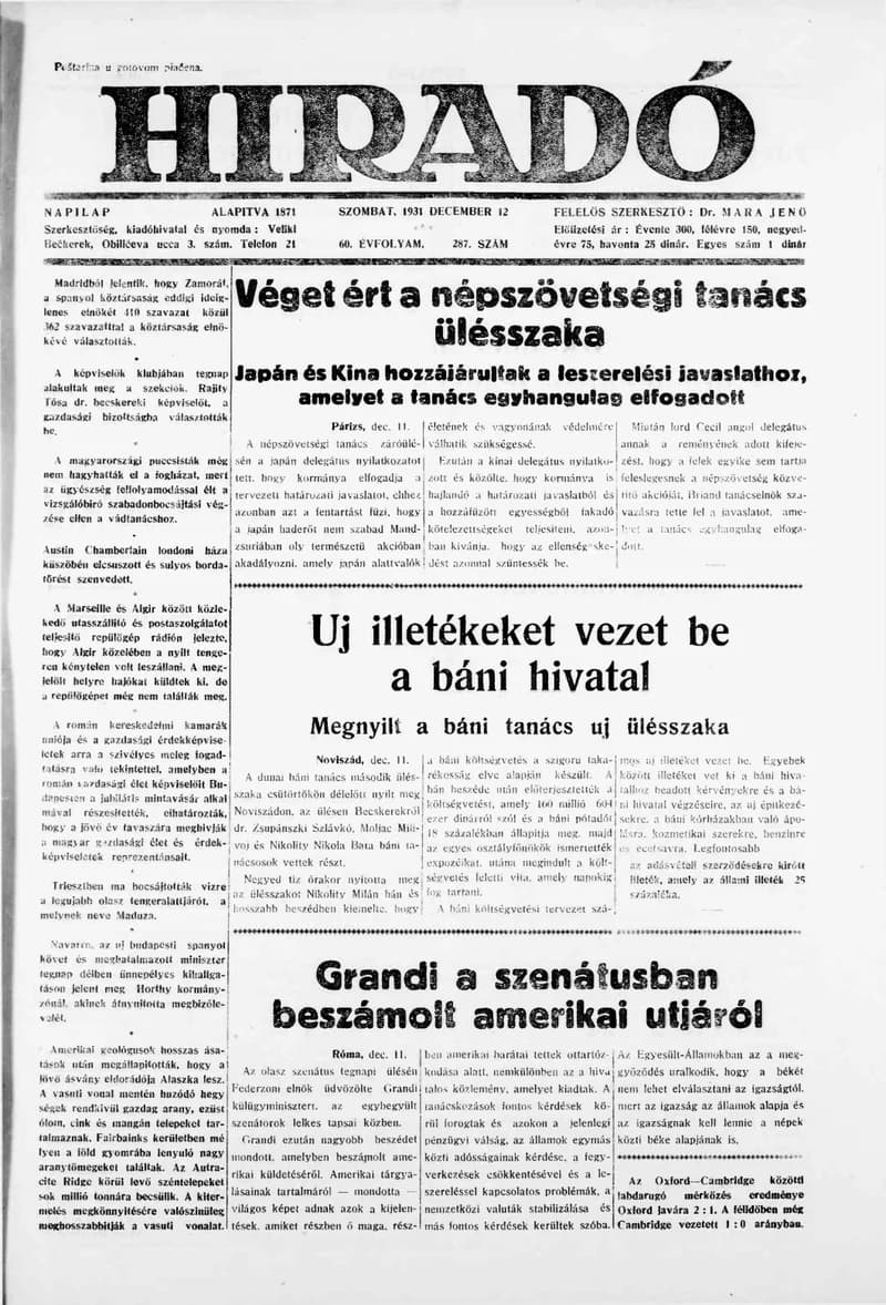 Híradó, 60. évf. 1931. december 12. 287. sz.