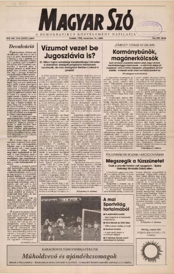 Magyar Szó, 49. évf. 1992. november 16. 316. sz. 1–16. oldal