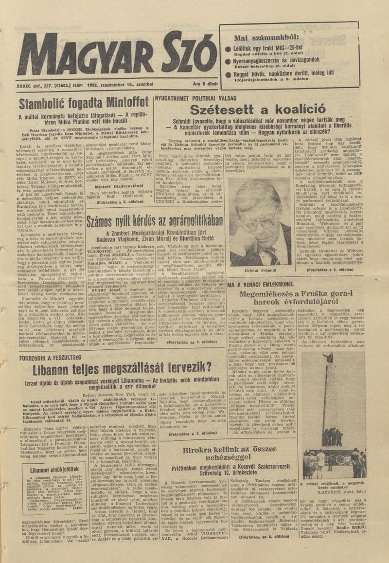 Magyar Szó, 39. évf. 1982. szeptember 18. 257. sz. 1–20. oldal