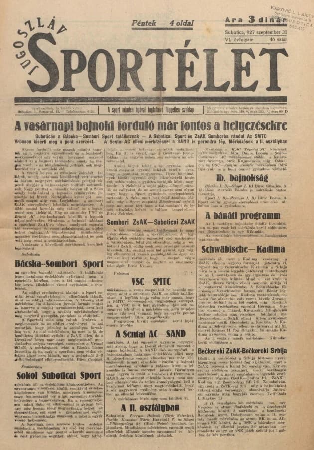 Jugoszláv sportélet, 6. évf. 1927. szeptember 30. 46. sz.