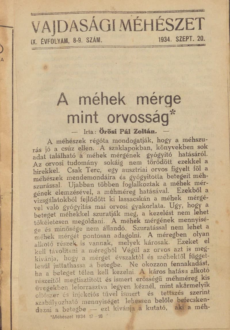 Vajdasági méhészet, 9. évf. 1934. szeptember 20. 8–9. sz.