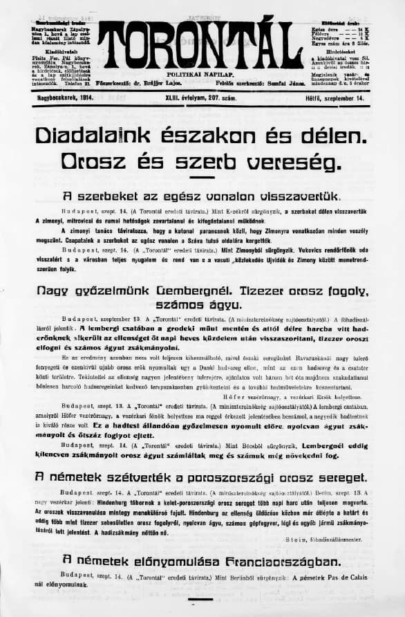 Torontál, 43. évf. 1914. szeptember 14. 207. sz.
